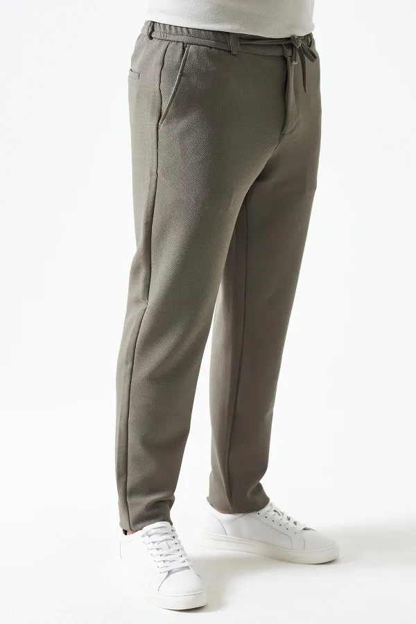 Erkek Haki Beli Yarım Lastikli Mendi Örme Jakar Pantolon