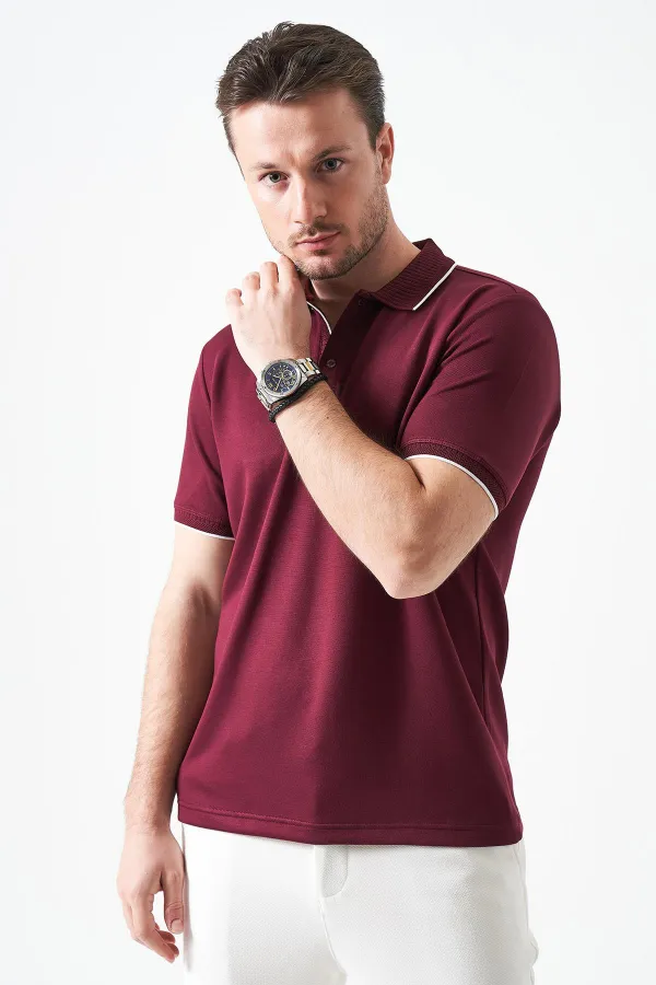 T-shirt homme en piqué modal couleur prune avec col à boutons-pression