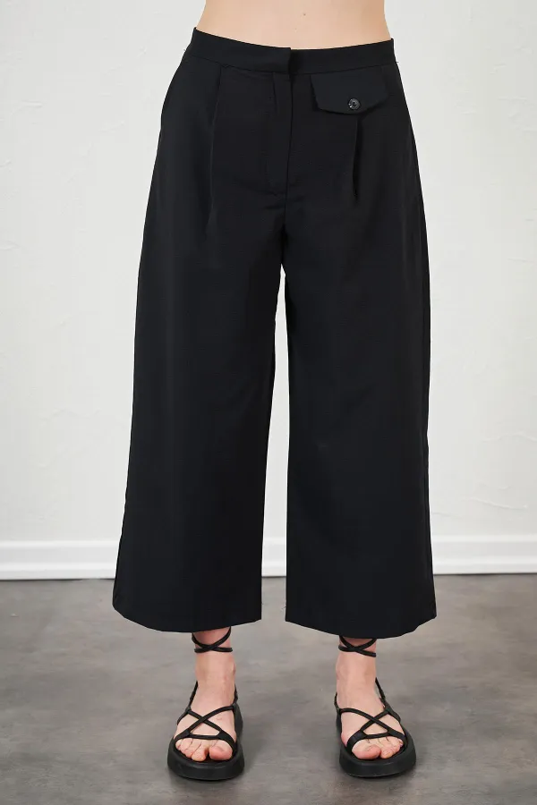 Kadın Siyah Kısa Palazzo Poplin Pantolon