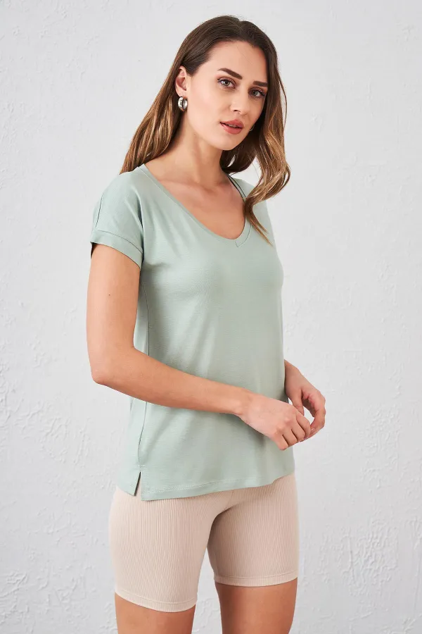 Women's Light Green V-Neck Loose Fit T-Shirt
