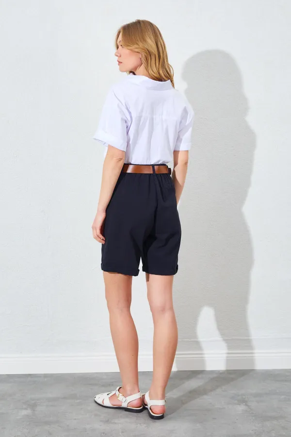 Kadın Siyah Yüksel Bel Beli Kemerli Gabardin Şort