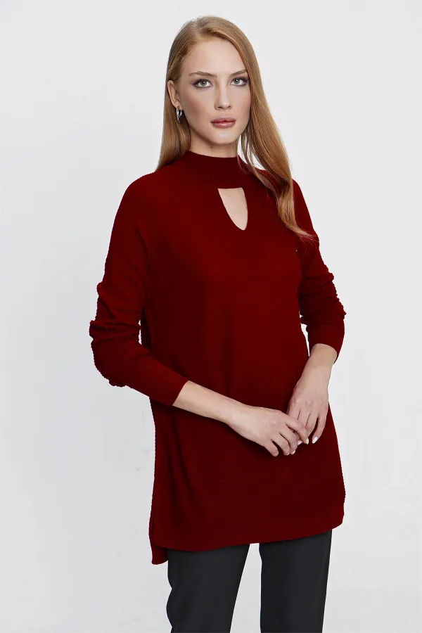 Kadın Bordo Önü Pencereli Triko Kazak