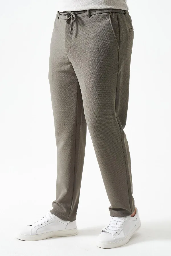 Erkek Haki Beli Yarım Lastikli Mendi Örme Jakar Pantolon