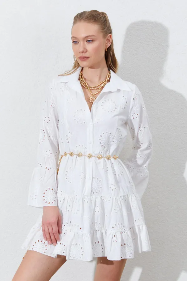 Kadın Ekru Fistolu Gömlek Elbise