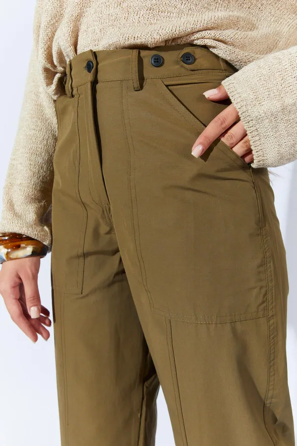 Kadın Haki Beli Düğmeli Çift Dikişli Pantolon