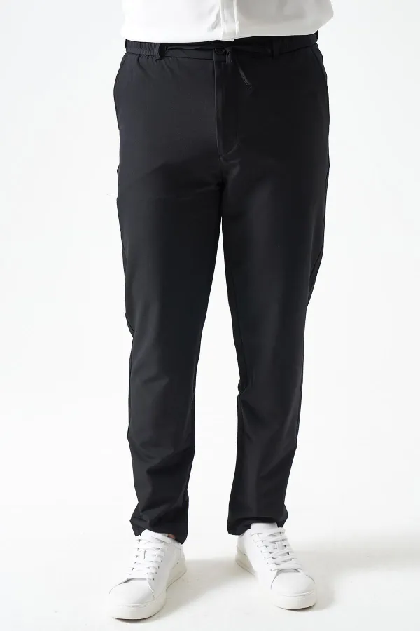 Erkek Siyah Beli Yarım Lastikli ve Fermuarlı Yerli Teknik SRN42 Kumaş Pantolon