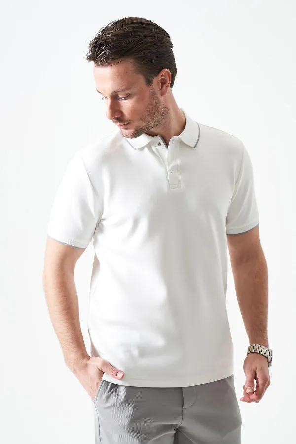 T-shirt blanc pour homme en piqué modal à col boutonné