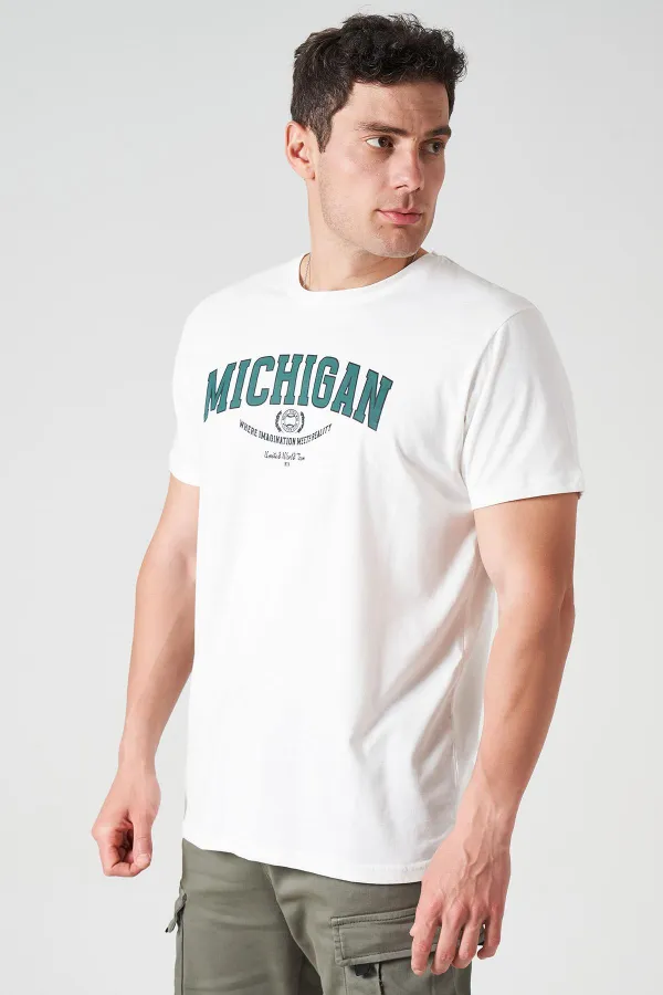 Erkek Ekru Bisiklet Yaka MICHIGAN Baskı Tişört