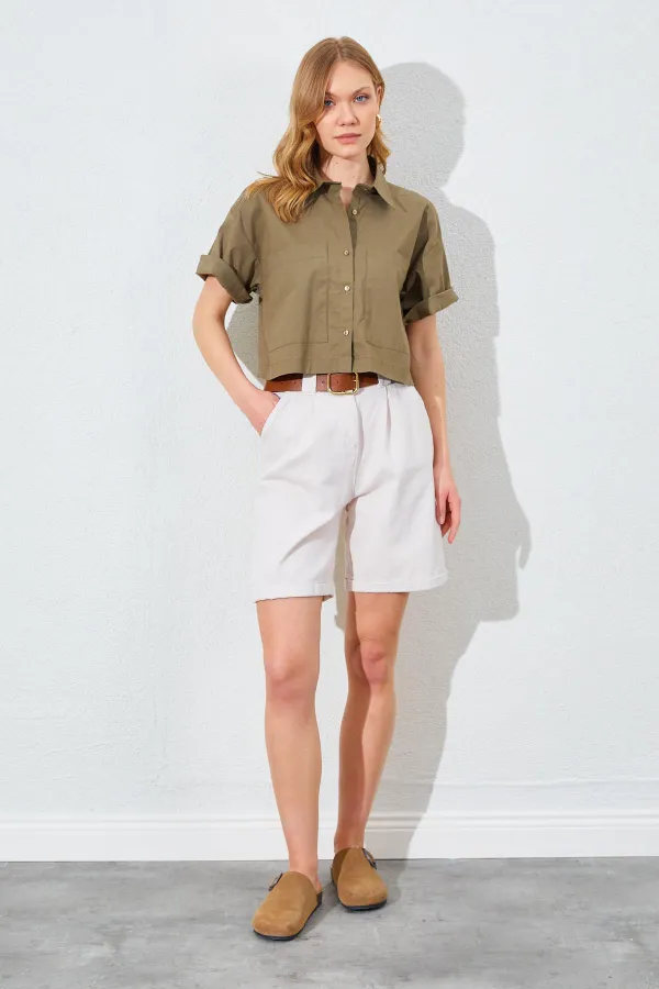 Kadın Haki Çift Cepli Düşük Kol Crop Gömlek