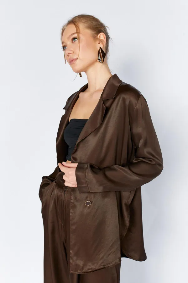 Women's Coffee Gold Single Button Flush Satin Jacket