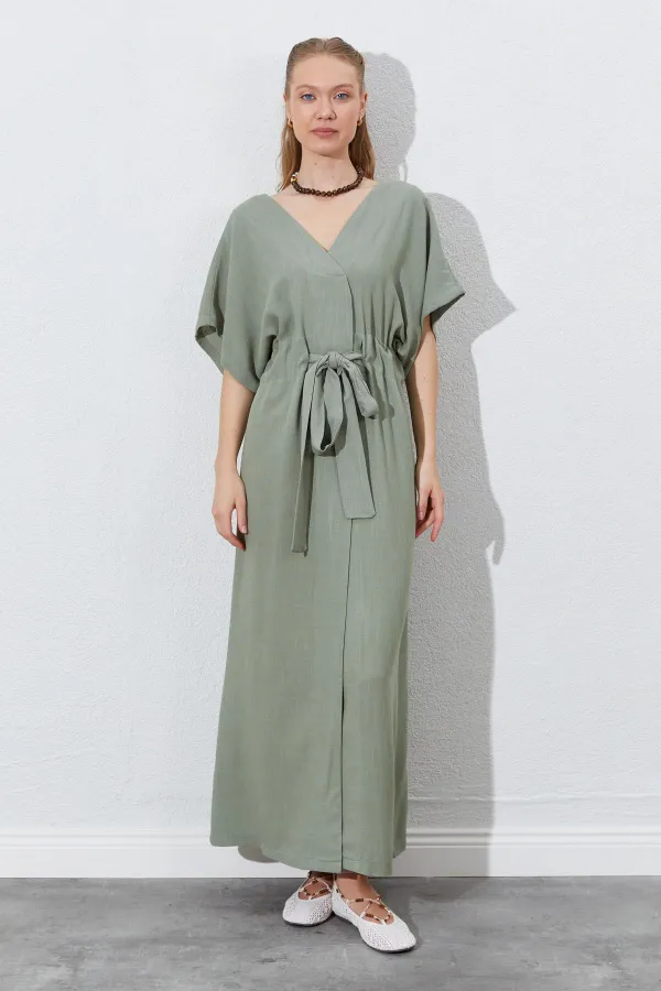 Kadın Haki Düşük Kol Beli Tünel Kemerli Keten Uzun Elbise