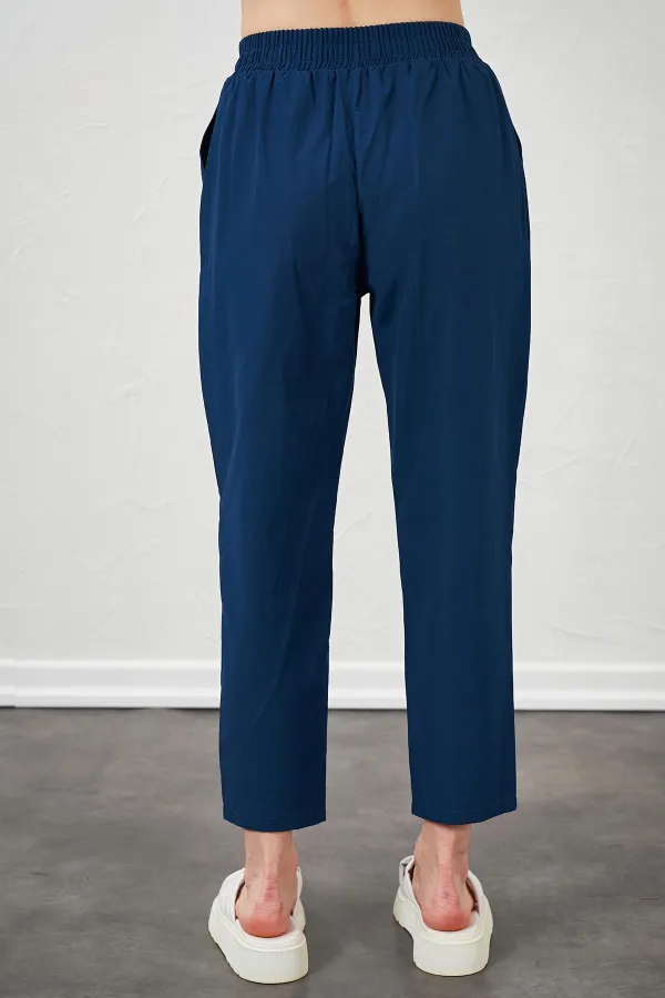 Kadın İndigo Beli Bağlamalı Havuç Paça Poplin Pantolon