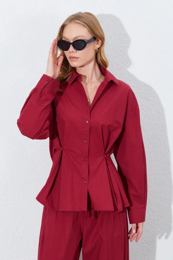 Kadın Bordo Bel Oturtmalı Bel Düğme Detaylı Gömlek