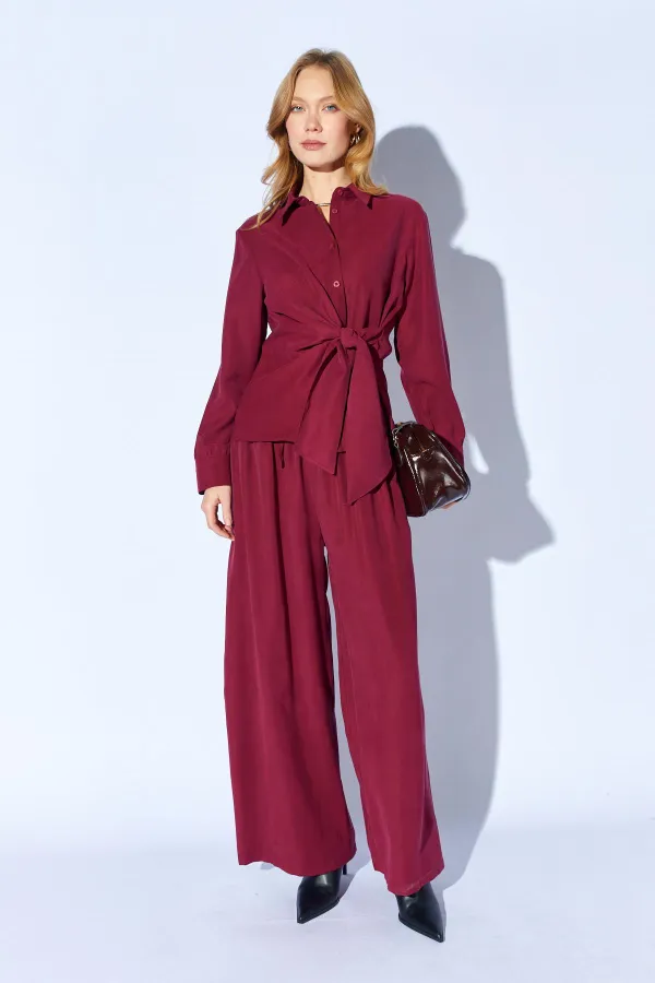 Women's Plum Tie-Up Shirt and Wide-Leg Trousers Set