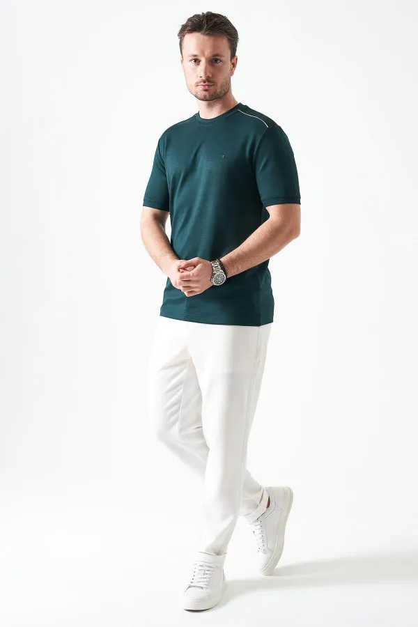 Erkek Nefti-Yeşil Bisiklet Yaka Omuz Kalın Şerit Detaylı Tişört