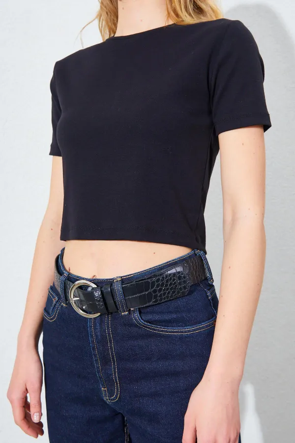 Kadın Siyah (25608) Bisiklet Yaka Düşük Kol Full Likra Ribana Crop Tişört