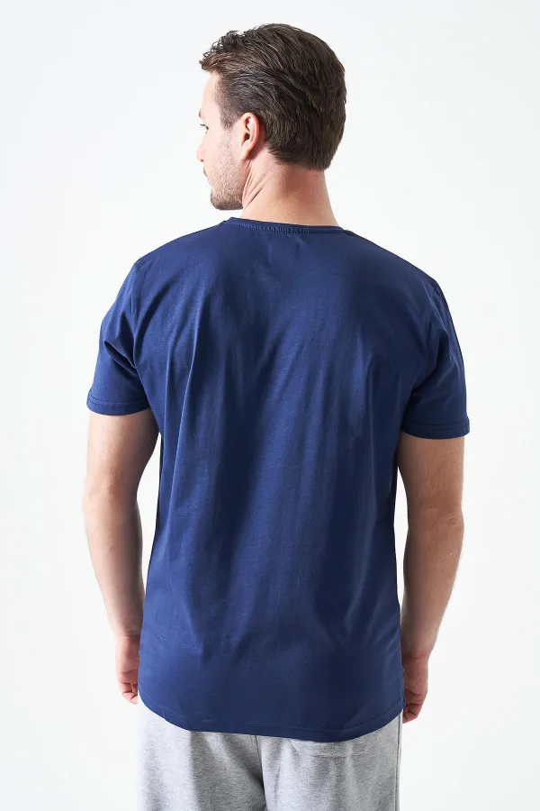 Erkek Lacivert Bisiklet Yaka Köpekbalığı Baskılı Tişört