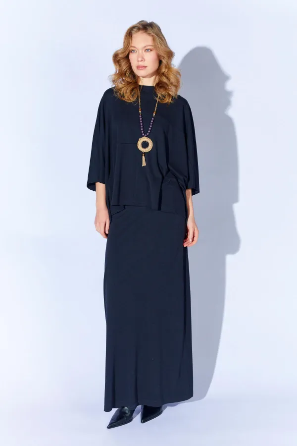 Kadın Siyah 172 Düşük Kol Bluzlu Uzun Pike Modal Etekli Takım