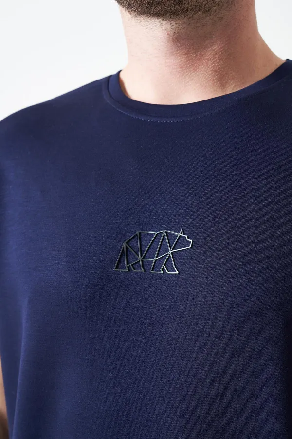 T-shirt homme bleu marine à col rond en modal avec imprimé ours origami