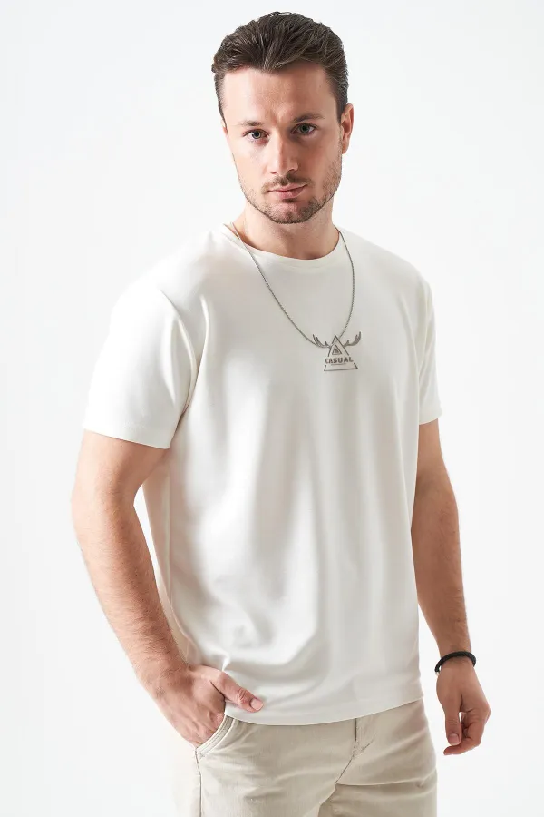 Erkek Ekru Bisiklet Yaka CASUAL  Baskılı Modal Tişört