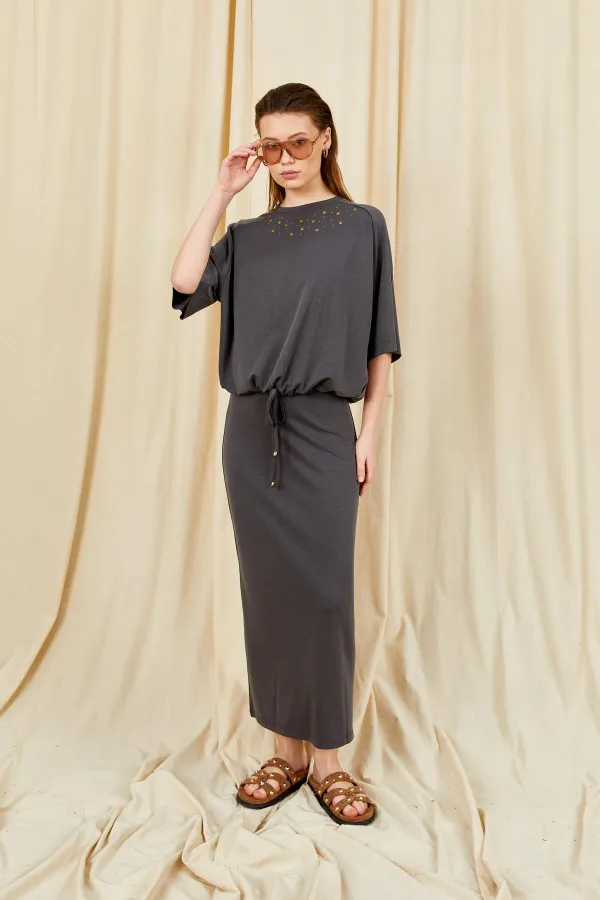 Kadın Antrasit 164 Reglan Kollu Etek Ucu Bağlama Bluzlu Etekli Modal Takım