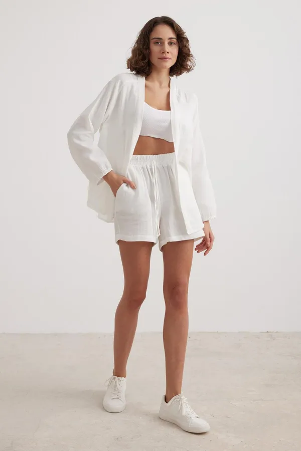 Kadın Ekru Beli Lastikli Müslin Şort