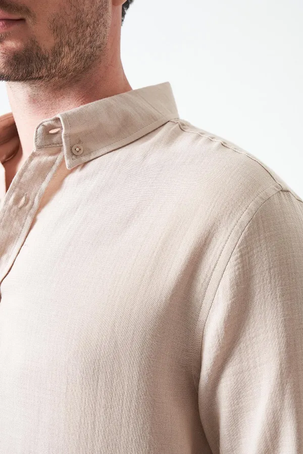 Erkek Bej Uzun Kol Regular Basic Müslin Gömlek