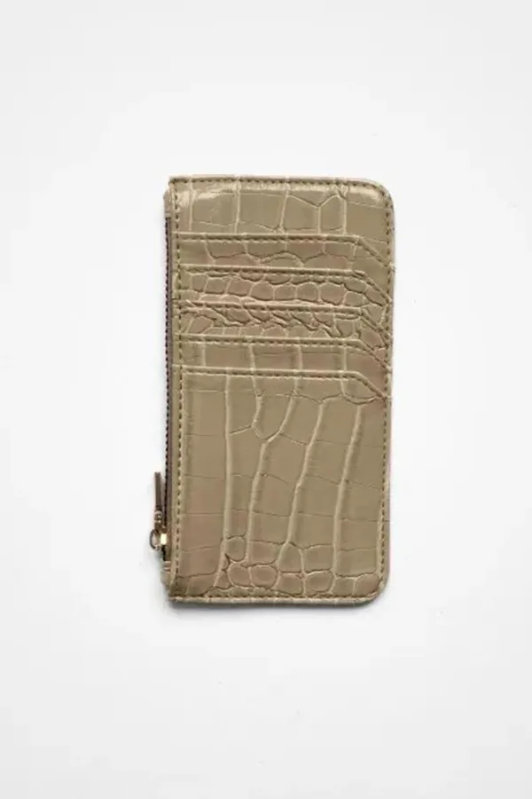 Porte-cartes beige à fermeture éclair pour femme, motif crocodile