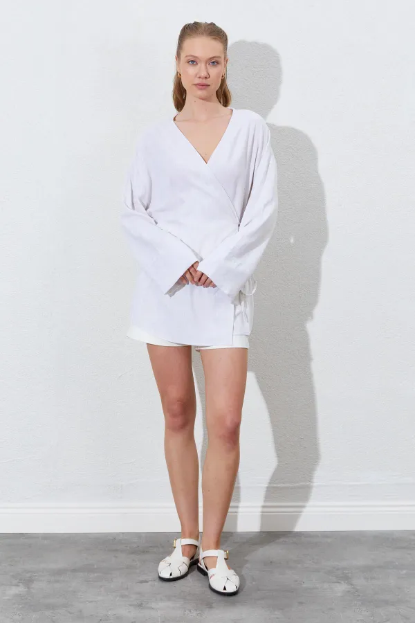 Kadın Naturel Kruvaze Yaka İp Bağlamalı Ceket