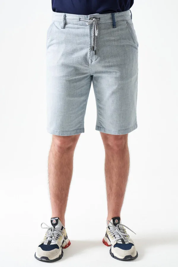 Men's Blue Five-Pocket Capri Pants with Drawstring and Back Snap Closure