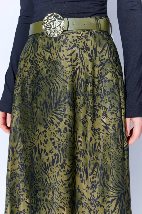 Jupe longue en satin vert ceinturé pour femme 3499