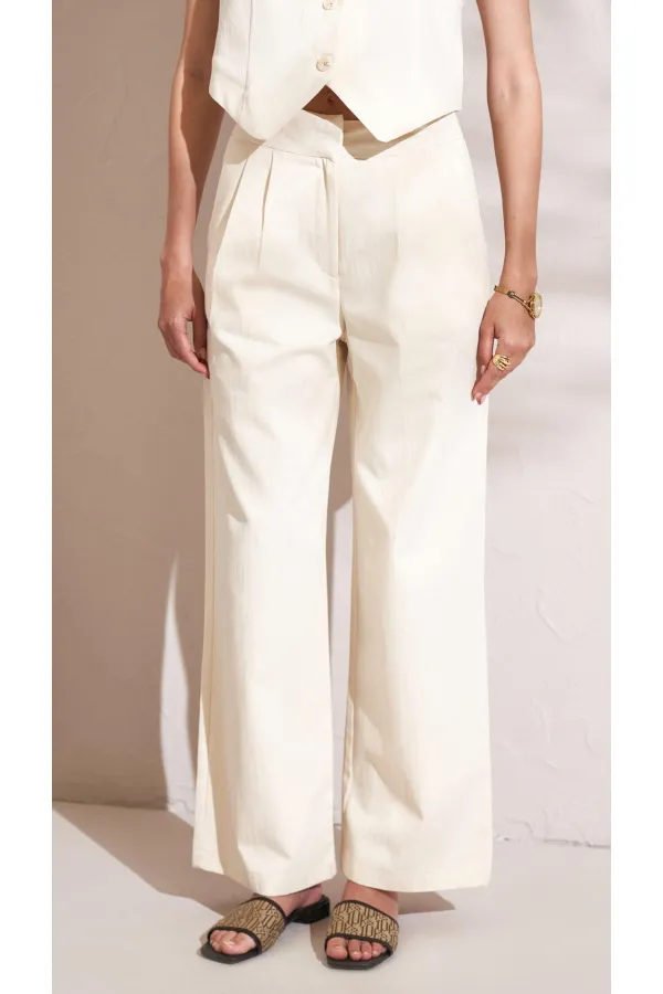 Kadın Naturel Önü Çift Pileli Palazzo Balıksırtı Gabardin Kumaş Pantolon