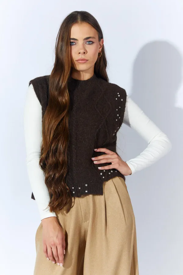 Kadın Kahve Bisiklet Yaka Desenli Triko Süveter