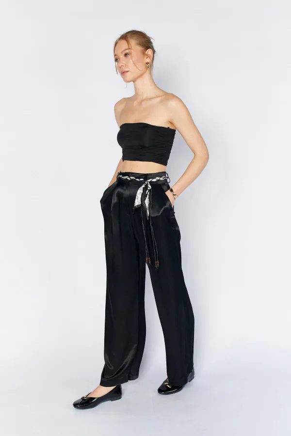 Women's Black Wide-Leg Trousers with Scarf Waistband and Flush Satin