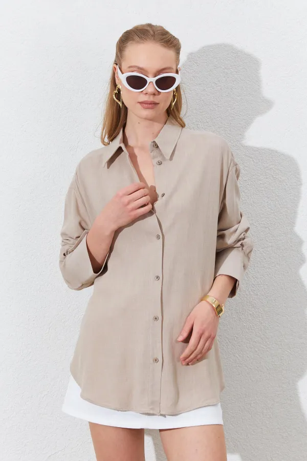 Kadın Koyu Bej Oversize Keten Gömlek