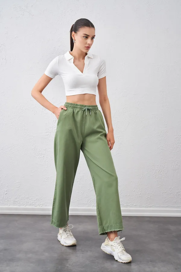 Kadın Haki Beli Bağlamalı Geniş Piş Dikişli Paça Pantolon