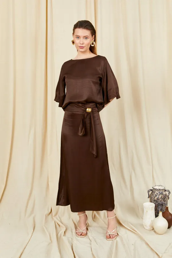 Women's Coffee 9090 Short-Sleeved Dropped Skirt Satin Set with Gold Buckle