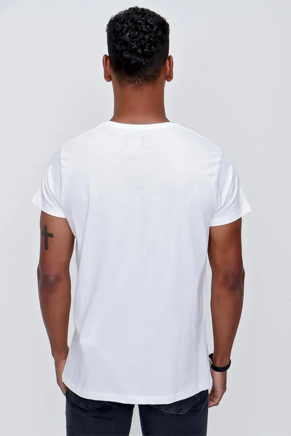 Erkek Ekru Bisiklet Yaka Focus Baskılı Tişört