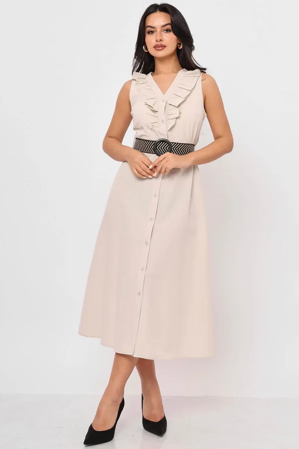 Kadın Bej Yaka Fırfırlı Önü Düğmeli Kolsuz Poplin Kumaş Uzun Elbise