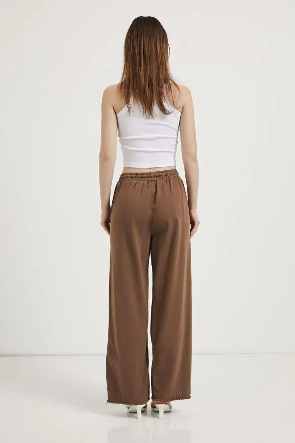 Kadın Kahve Beli Bağlamalı Geniş Piş Dikişli Paça Pantolon
