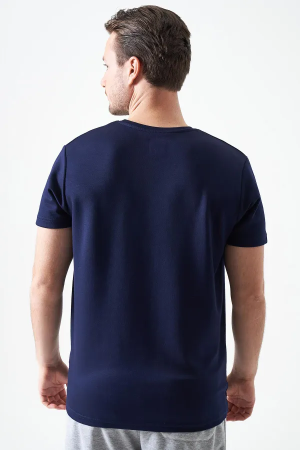 T-shirt homme bleu marine à col rond en modal avec imprimé ours origami