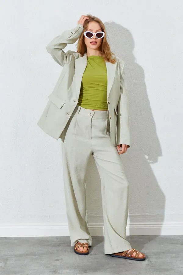 Kadın Çağla Blazer Ceketli Palozzo Modal Pantolonlu Takım