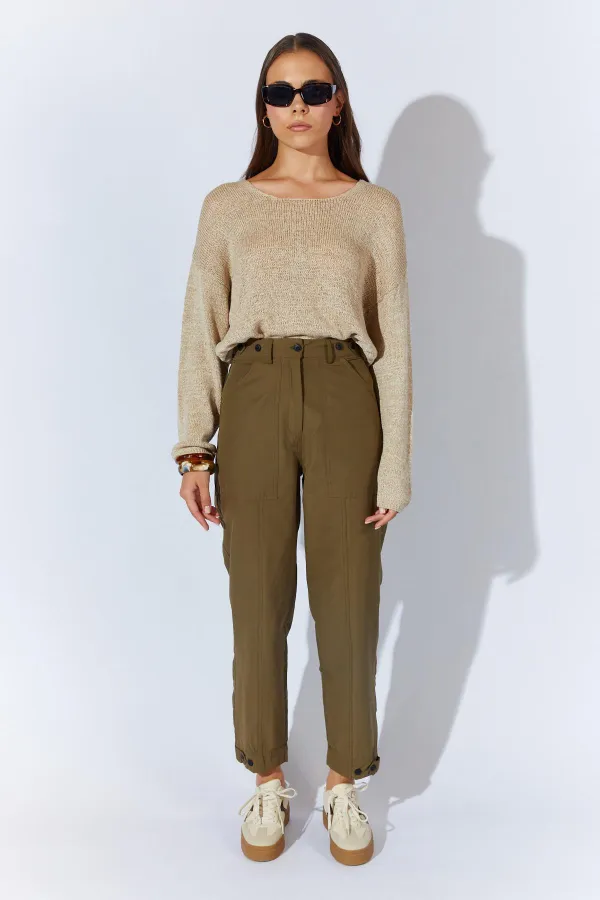 Kadın Haki Beli Düğmeli Çift Dikişli Pantolon