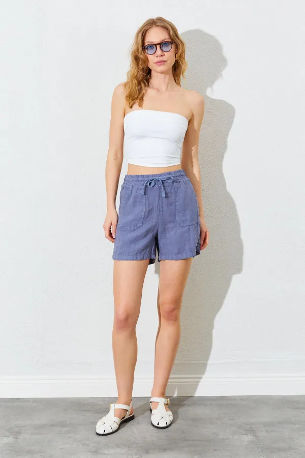 Kadın Gri Önden Cepli Keten Şort