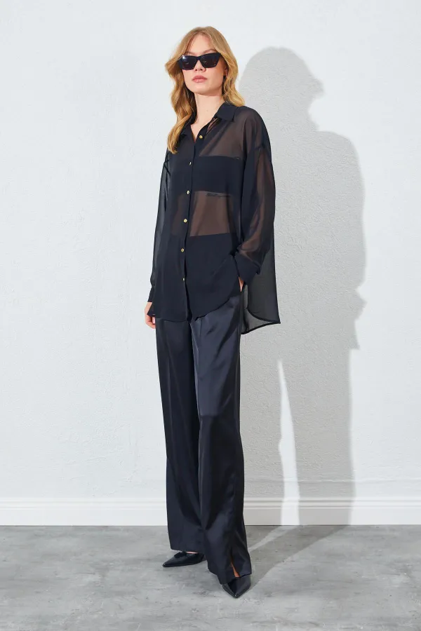 Kadın Siyah Şifon Bluz Saten Pantolon Takım