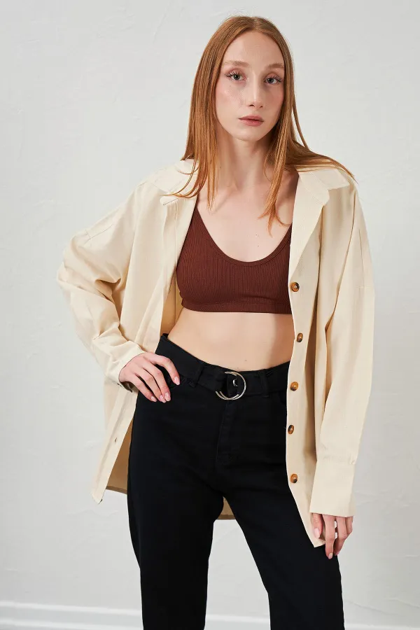 Kadın Naturel Oversize Basic Balık Sırtı Gabardin Gömlek