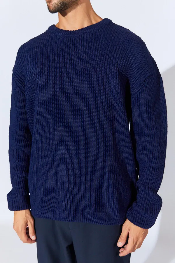Pull en maille à col rond bleu marine pour homme (TRZ050)