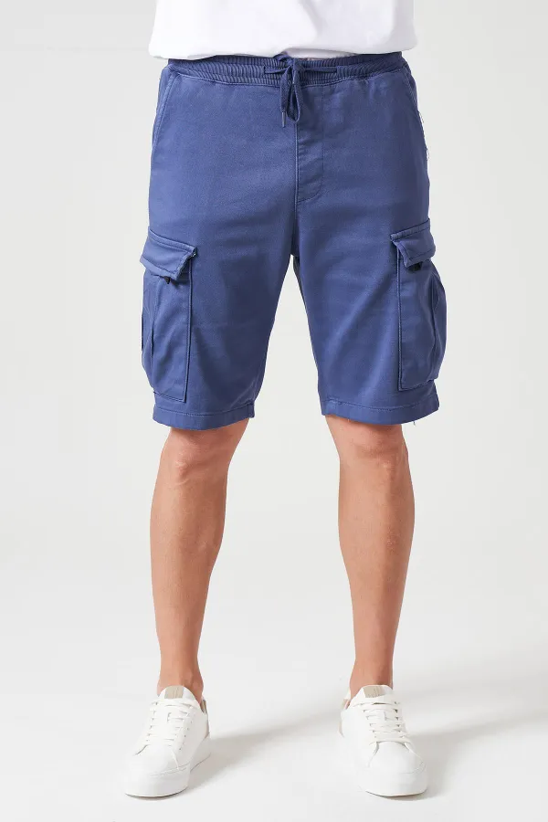 Short cargo pour homme, taille côtelée indigo, en maille teintée en pièce