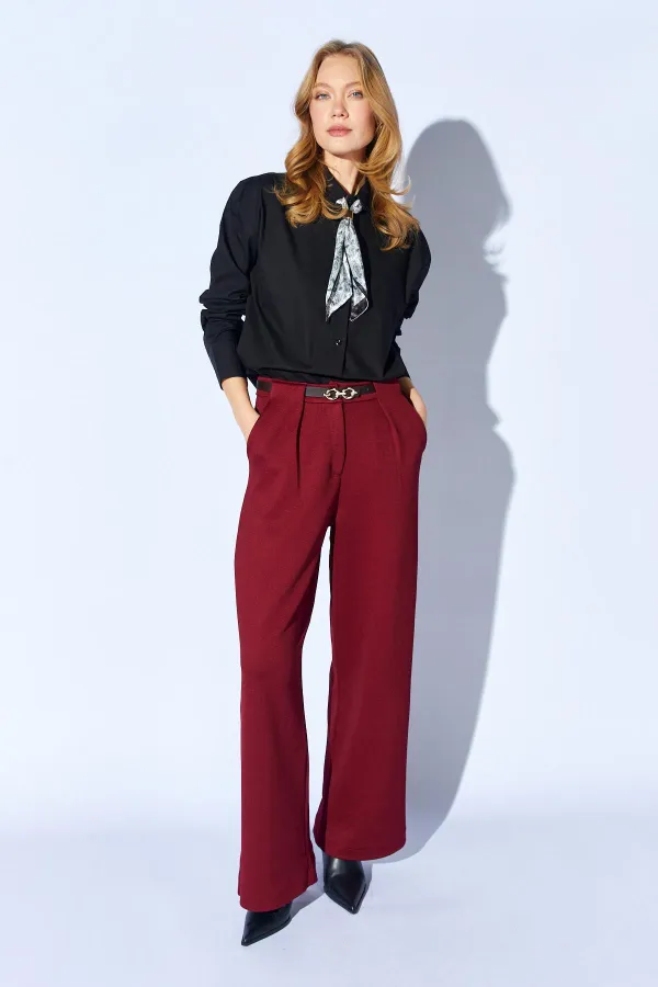 Kadın Bordo İçten Kemerli Bol Paça Yün Efekt Pantolon