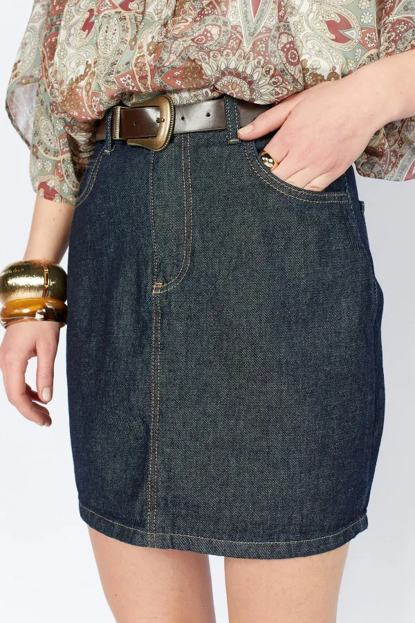 Kadın Rins Yıkama Beli Kemerli Mini Jean Etek